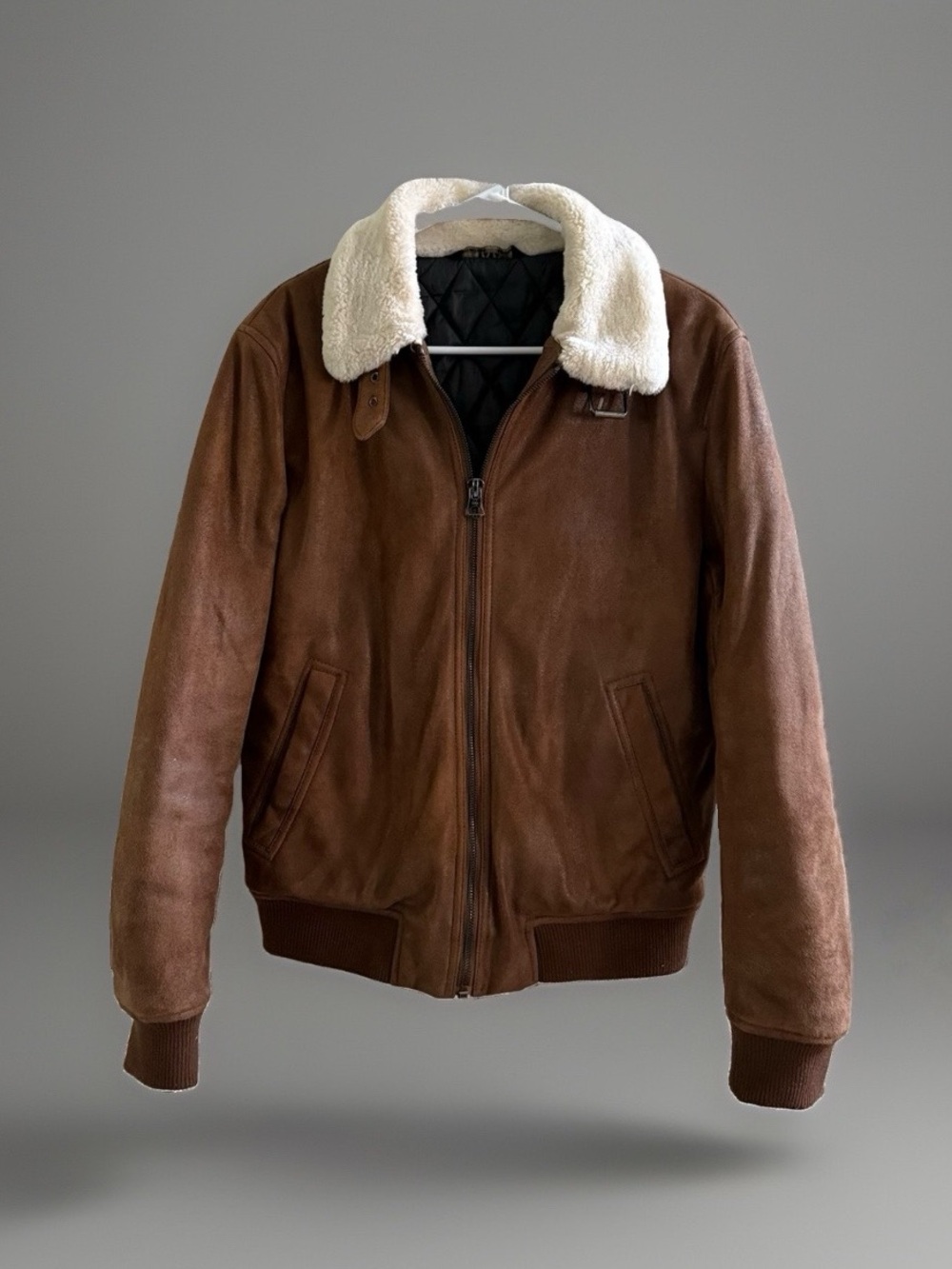 ZARA Mens S Brown Faux Suede Sherpa Collar Aviator Bomber Flight Jacket